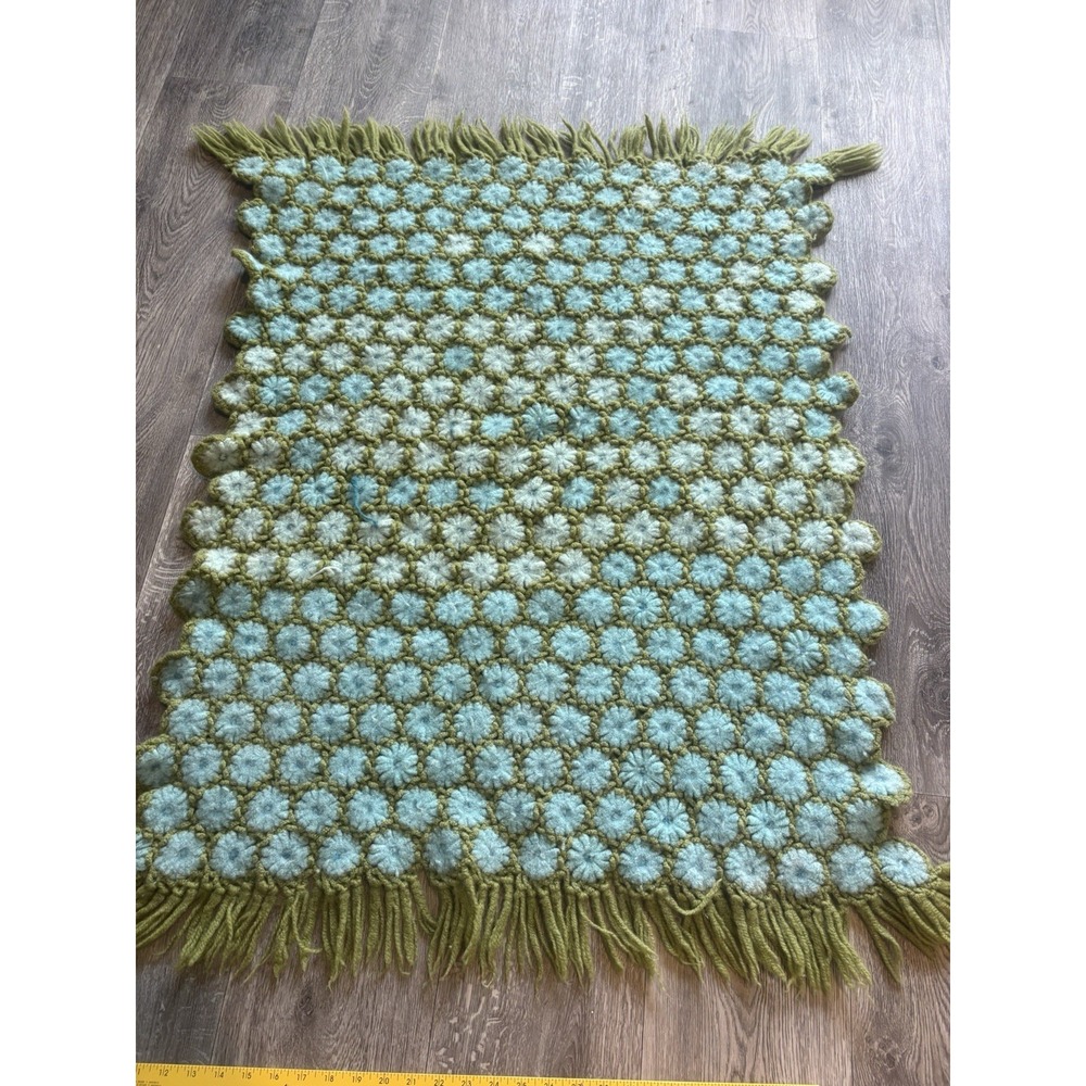 Vintage Handmade Pom Pom Rug Green Blue Boho Crochet Bobble Yarn Fringe